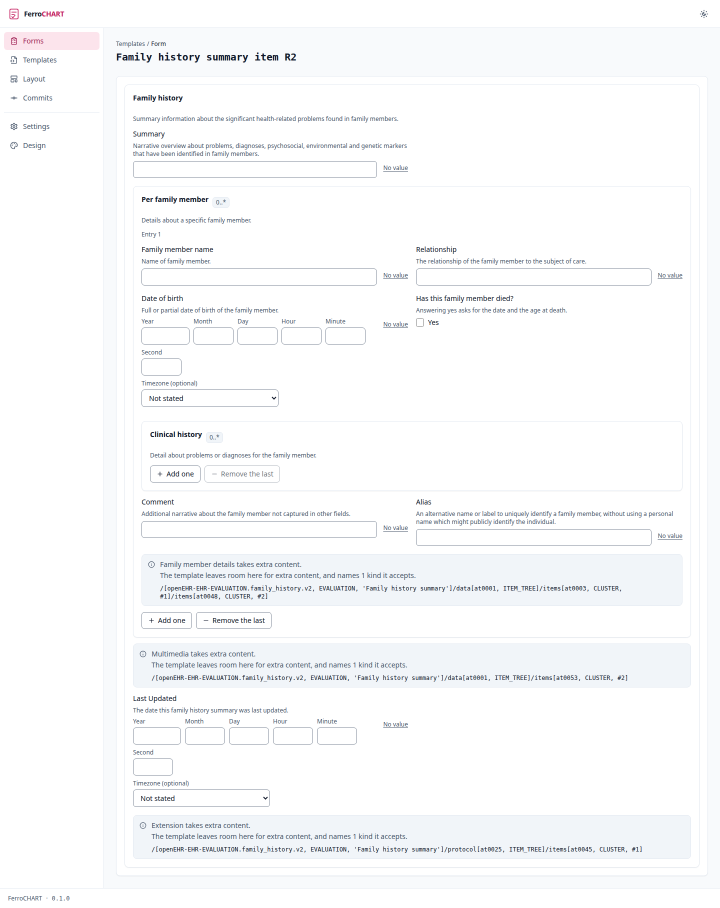 A form compiled from an operational template, with its groups and controls